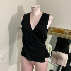 Theory Sleeveless Wrap Tank Top Blouse Pleated V-Neck Size S Black